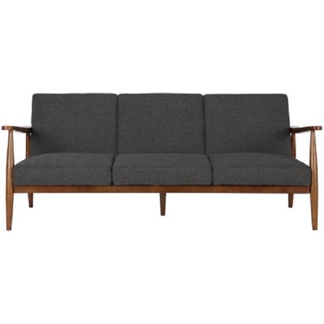 Futon Mid Century, Gray, Solid Wood Arms and Frame, Pecan, Converts to Sleeper