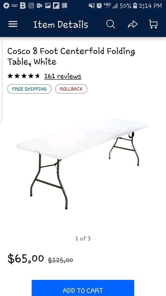 Cosco 8 Foot Centerfold Folding Table, White