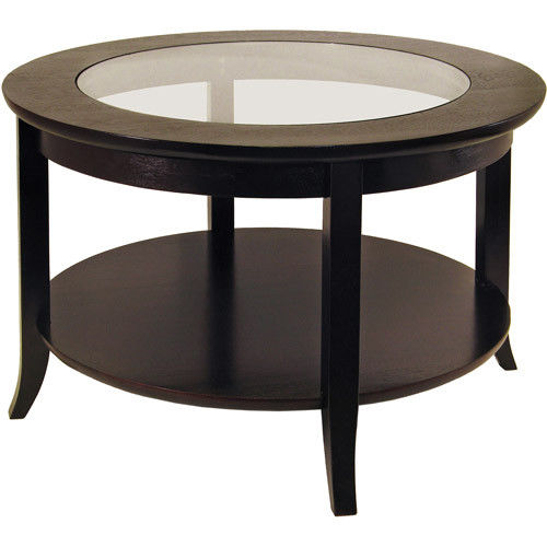 Circular Round Espresso Finish Coffee Table With Glass Insert Elegant Design