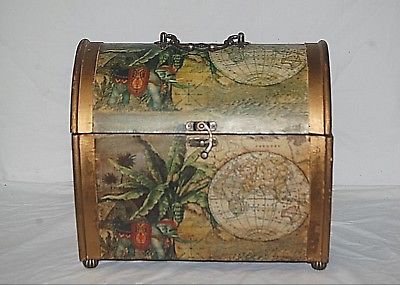Vintage Style Wood Trunk Old World Treasure Map Chest Wooden Pirate Storage Box