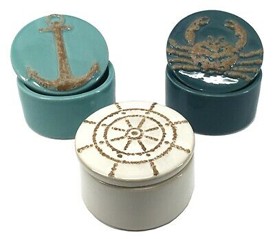 Crab Ships Wheel Anchor Nautical Lidded Keepsake Boxes Set of 3 Porcelain