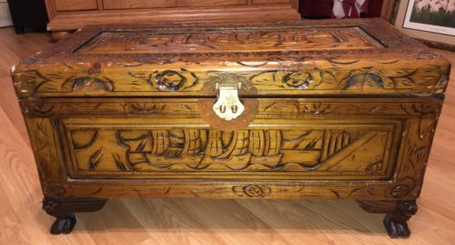 Vintage Hand Carved Cedar RARE Sailboat Wooden Trunk Chest Size 14x27x13