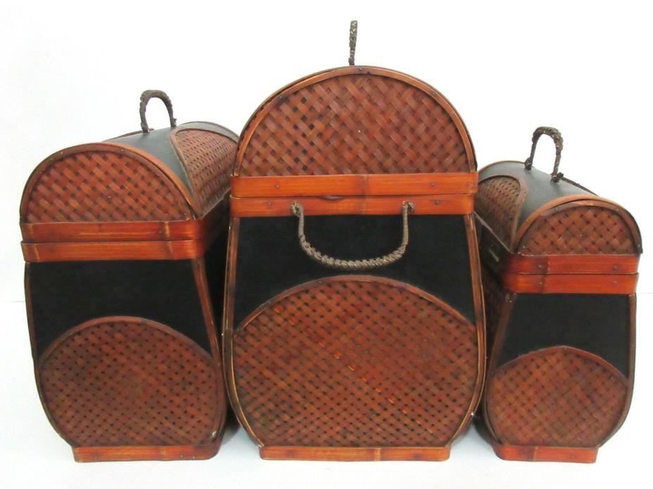Vintage Wooden Chest Box Trunk Wicker w/ Leather Trim Picnic Baskets - Set of 3