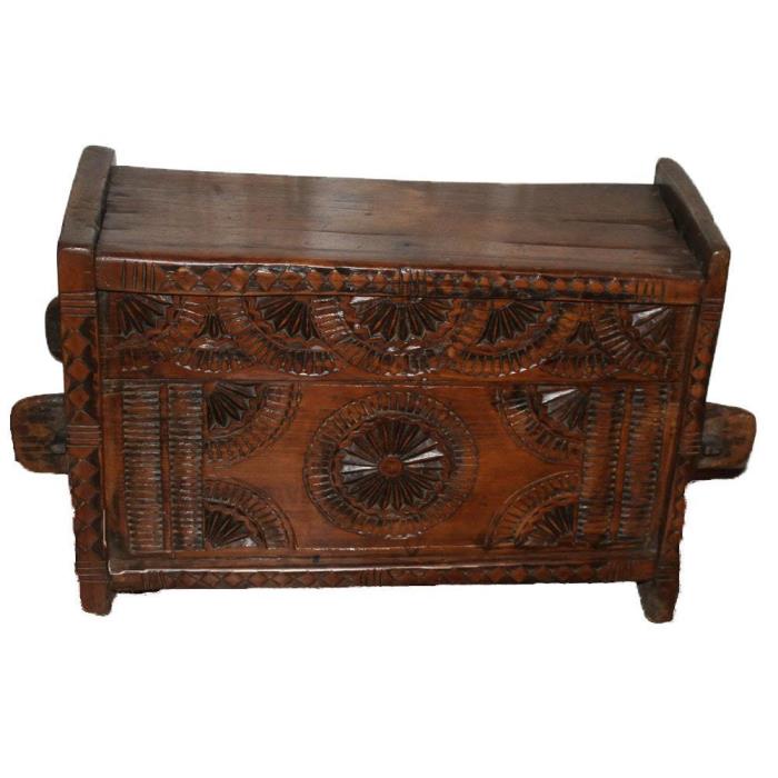 Antique Tribal Carved Wood Chest (Dowry Bedouin Chest)