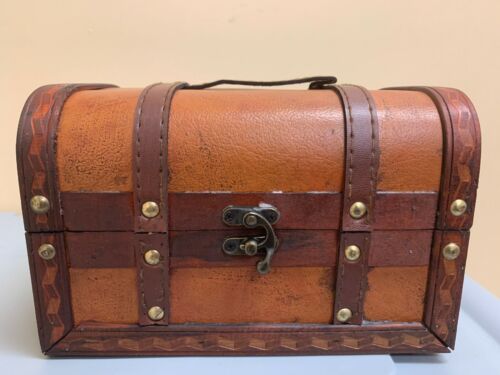 NEW Small Wooden Leather Antique Chest Suitcase Jewelry Toy Treasure Box Storage