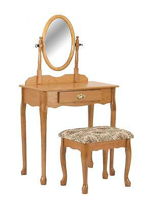 Oak Finish 3 pc Vanity Set Mirror Wood Table Stool Makeup Drawer Bedroom Desk