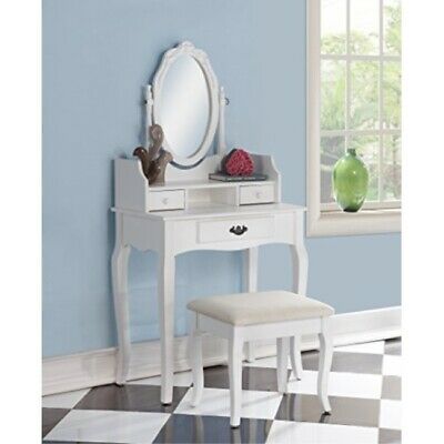 Roundhill Furniture Ribbon Wood Make-Up Vanity Table and Stool Set, White