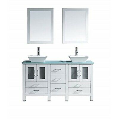 Virtu USA Bradford 60 inch Double Sink Bathroom Vanity Set in White w/Square Ve