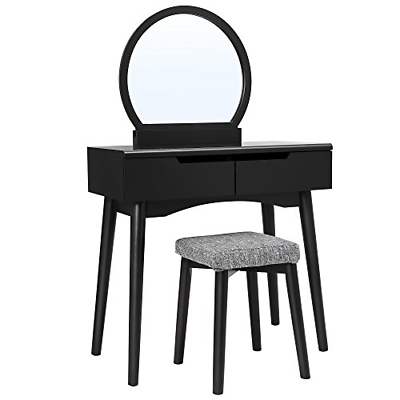 VASAGLE Vanity Table Set with Round Mirror 2 Large Sliding Drawers Makeup Table