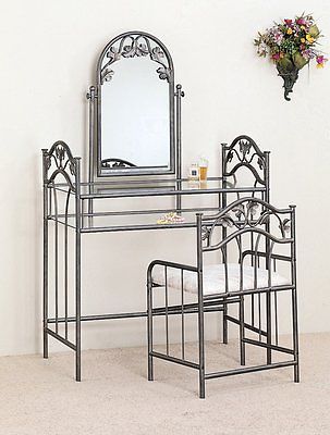 Metal and Glass Vanity Set Nickel Bronze Table Stool Mirror Bedroom Make Up Gift