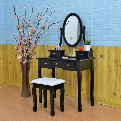 Black Vanity Makeup Dressing Table Set W/Stool 5 Drawers & Mirror Jewelry Desk