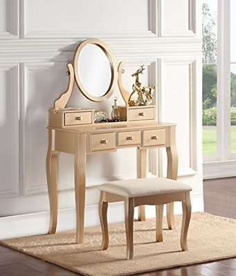 Roundhill Furniture 3418GL Ashley Wood Makeup Vanity Table and Stool Set, Gold