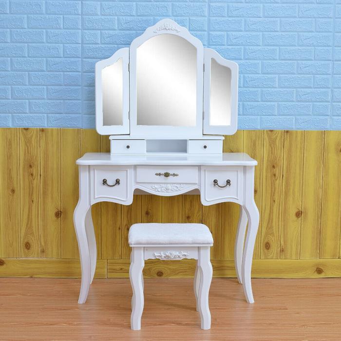 Tri-Folding Mirror Dressing Table Makeup Vanity Dresser with 5 Drawers & Stool