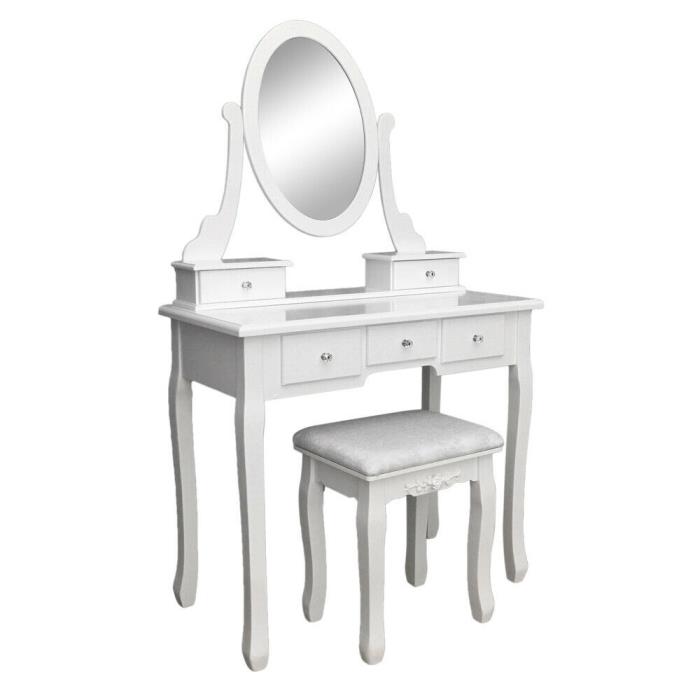Vanity Jewelry Makeup Dressing Table Set w/Stool 5 Drawer 360° Rotation Mirror