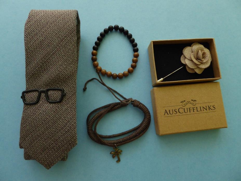 Aster Ganos Brown Tie Black Glasses Tie Clip Tropicalia Bracelet Lapel Flower