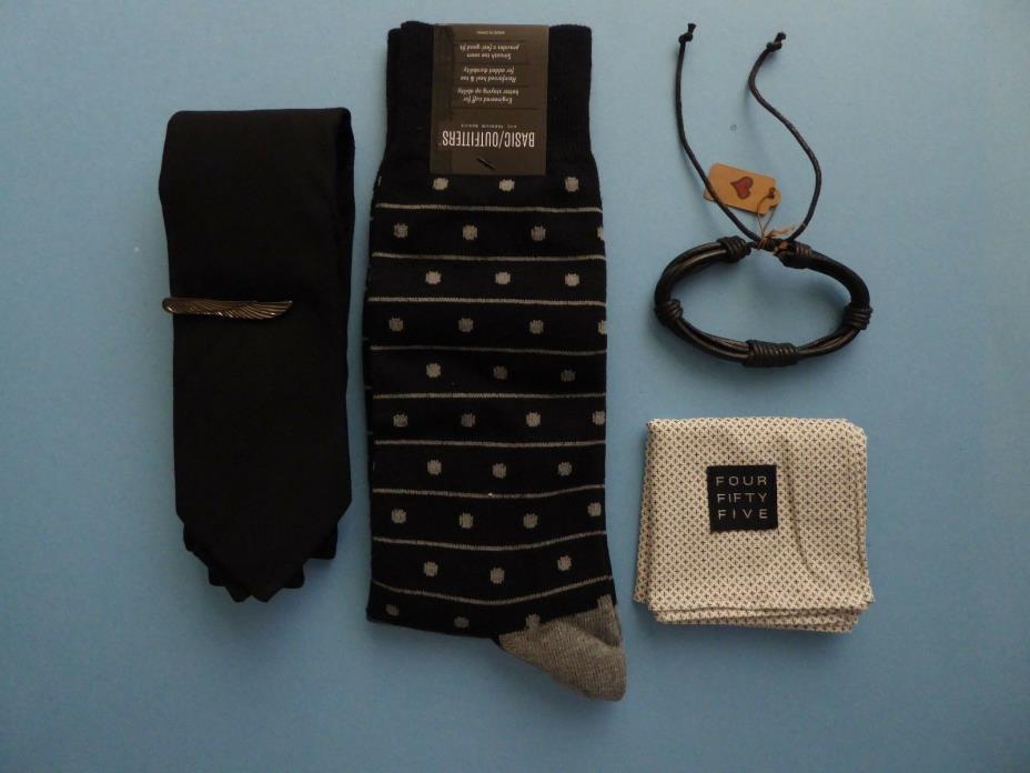 Sprezza NYC Black Tie + Striped Dots Sock + Bracelet + Tie Bar + Pocket Square