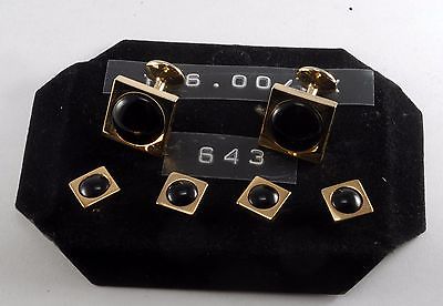 VTG Salesman's Lot Of Black Glass On Gold Plated Brass Cufflinks $ Collar Studs