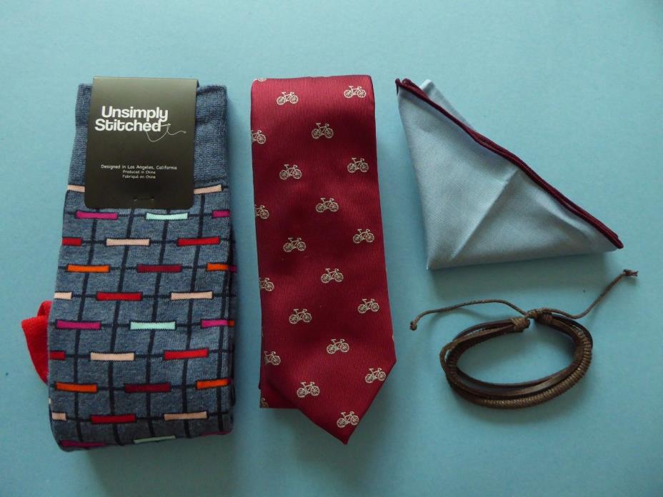 Sprezza NYC Bike Red Tie + Pocket Square + Bracelet + Unsimply Stitched Socks