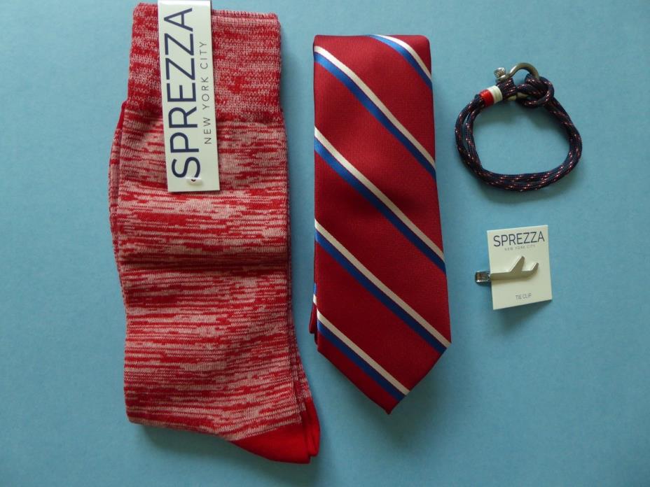 Sprezza NYC Red Blue Striped Tie + Sock + Airplane Tie Bar + Tropicalia Bracelet