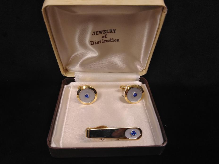 Matching Cufflinks and Tie Clip Set **GOLD COLORED AND BLUE STONE**