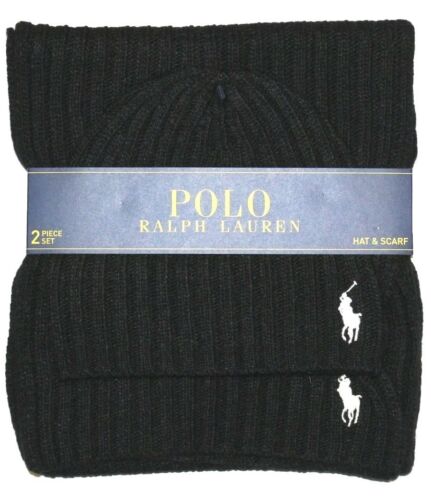 Logo POLO RALPH LAUREN MEN'S HAT & SCARF 2 PC SET  BLACK  RETAIL $99 - NEW