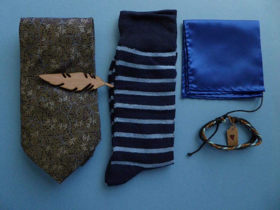 Tropicalia Floral Tie + Pocket Square + Tie Bar + Bracelet + HB Blue Stripe Sock