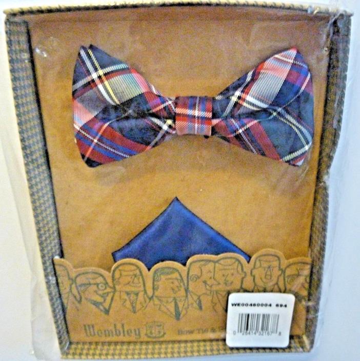Wembley Navy & Red Plaid Pre-Tied Bowtie with Blue Pocket Square Gift Set