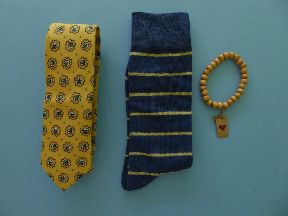 Harrison Blake Floral Yellow Tie + Tropicalia Handcrafted Bracelet + Blue Socks