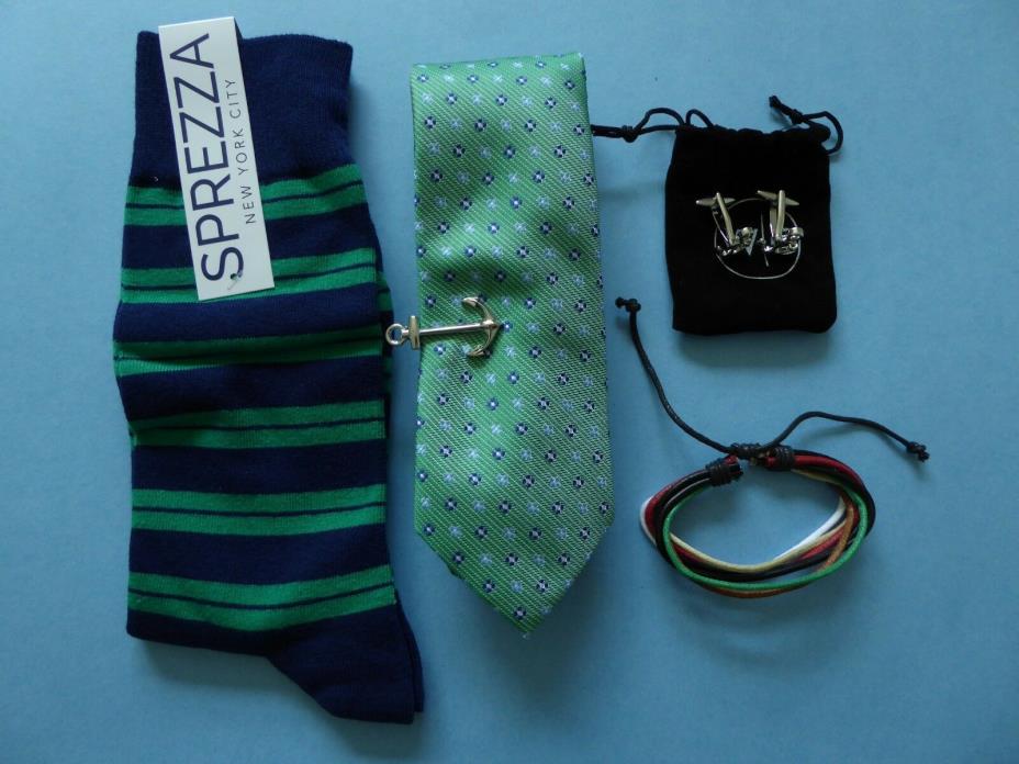 Nautica Green Floral Tie + Anchor Tie Bar + Bracelet + Sprezza Sock + Cufflinks
