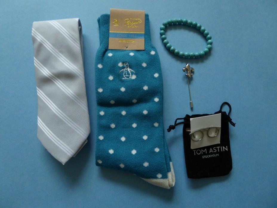An Ivy Copenhagen Tie + Penguin Sock + Tom Astin Tie Bar + Bracelet + Lapel Pin