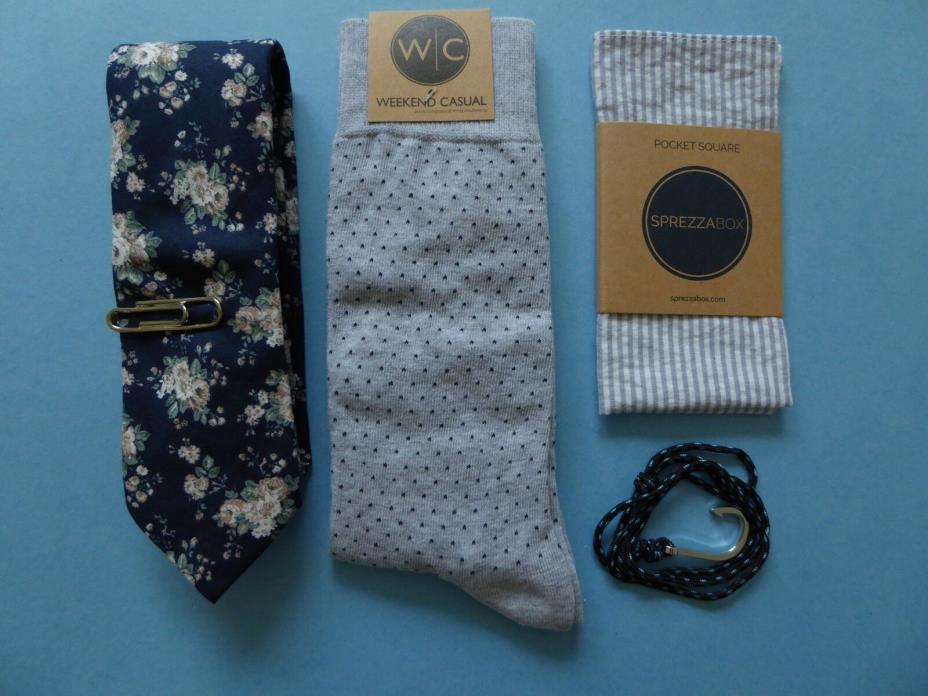 Penguin Floral Tie + Weekend Casual Sock + Bracelet + Sprezza Gray Pocket Square