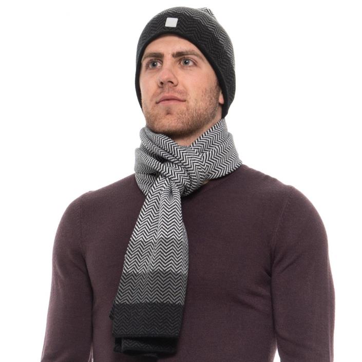 Mens Body Glove Chevron Color-Block Hat and Scarf Set Grey/Snow Tonal - One Size