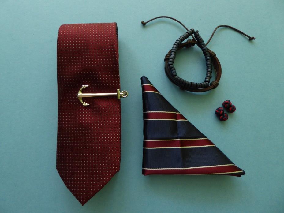 The Knot Club Tie + Anchor Tie Bar + Bracelets + Navy Pocket Square + Cufflinks