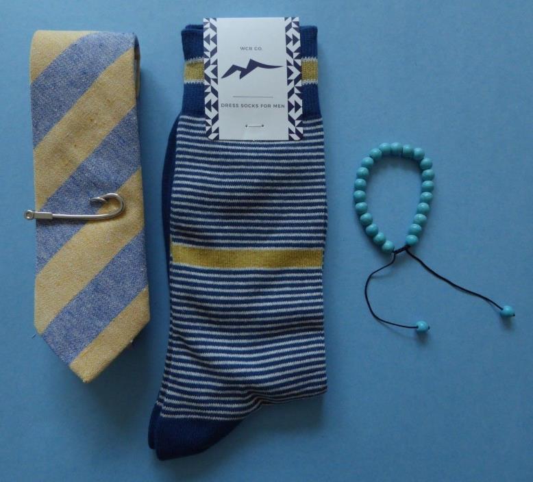 DAZI USA Blue Yellow Tie + WCR Sock + Tropicalia Bracelet + Fish Hook Tie Bar