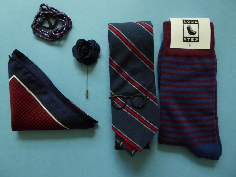 Deo Veritas Navy Red Tie + Sock + Pocket Square + Lapel Pin + Bracelet + Tie Bar