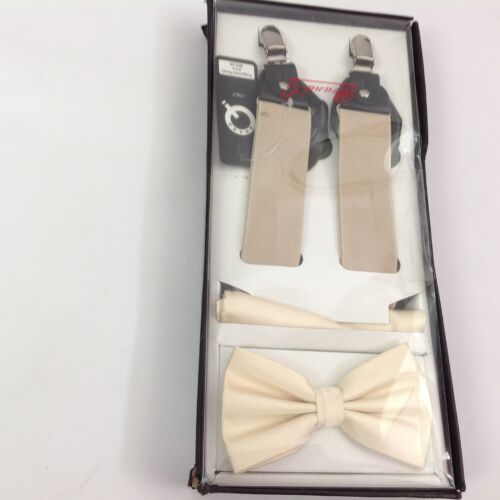 $69.99 Brand Q E20 Mens 3 Pc Set Bow Tie Hankie & Suspender Ivory One Size NWT