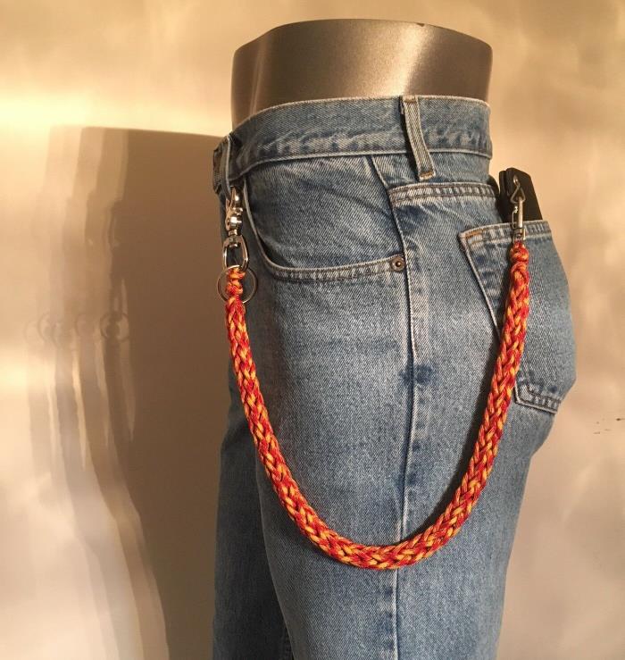 Handcrafted Red and Yellow 3 Pin Weave USA 550 Paracord Biker Wallet Chain 1%