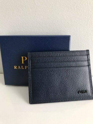 NIB Polo Ralph Lauren Metal Logo Leather Card Case  Blue   GIFT BOX