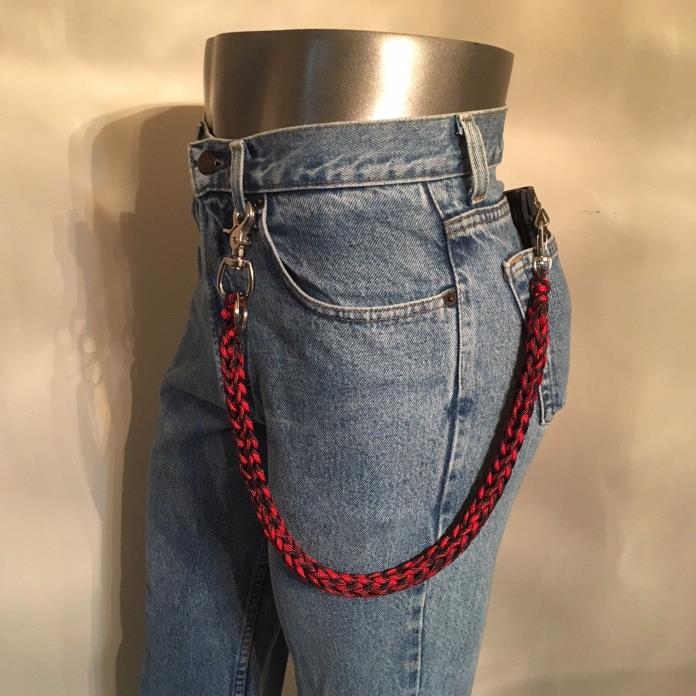 Red and Black 550 Paracord USA Harley 3 Pin Weave Biker Wallet Chain 1%