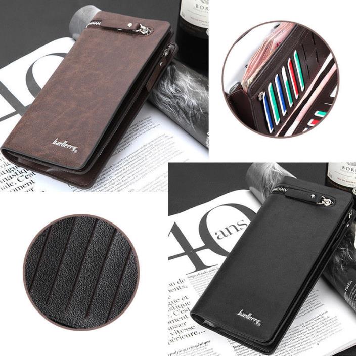 Men's Leather Clutch Wallet ID Credit Card Holder Checkbook Zipper Handbag Purse