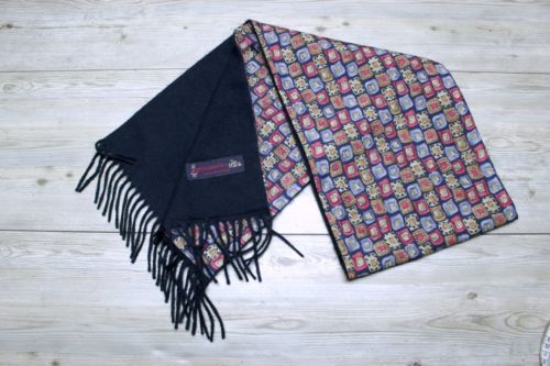 FONTAINEBLEU men’s dress scarf lozenge watercolor pattern fringe navy blue