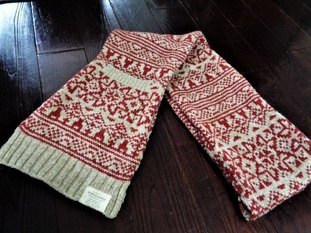RALPH LAUREN Denim & Supply Wool Blend Fair Isle Scarf with 2 Pockets Red&Beige