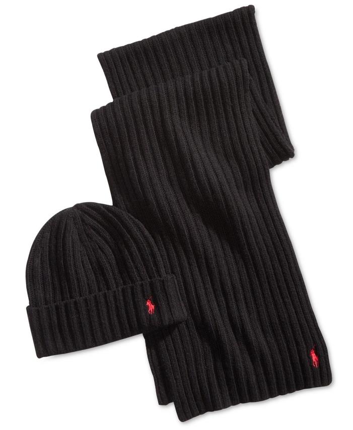 $99.00 Polo Ralph Lauren Men's Classic Ribbed Hat & Glove Set, Black