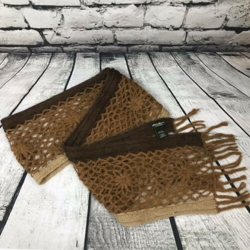 Eddie Bauer Mohair Blend Scarf Brown Tan Loose Weave Crocheted