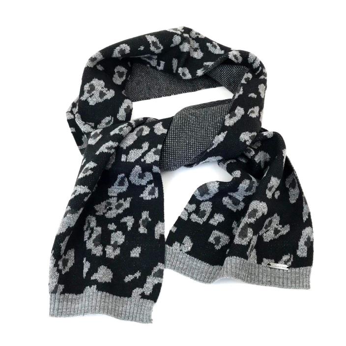 Calvin Klein Mens Scarf Metallic Black & Silver Metal Bar Logo Graphic & Tweed