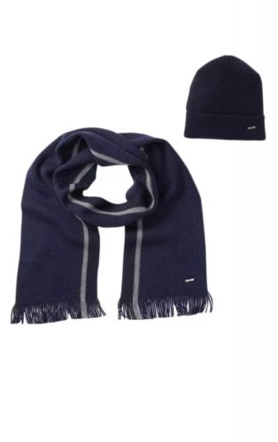 New Authentic Hugo Boss Black Label Set Of Scarf & Beanie Box Unisex Navy $235