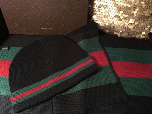 Gucci Black Classic Stripes Hat And Scarf Set men