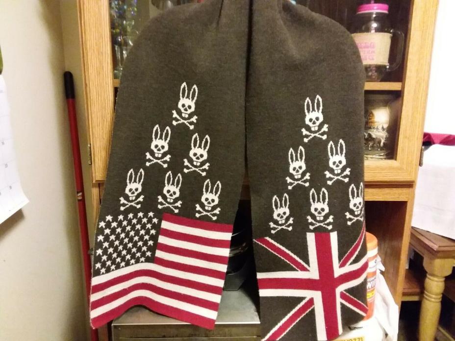 NWOT Psycho Bunny Scarf Merino Wool Brown British & American Flag Anglo American