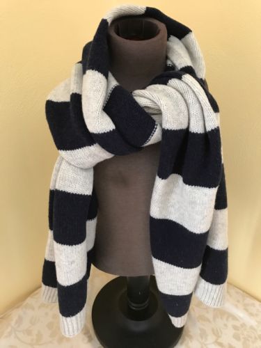 Gap Lambswool Navy Blue Ivory Striped Scarf Wrap Wide Knit