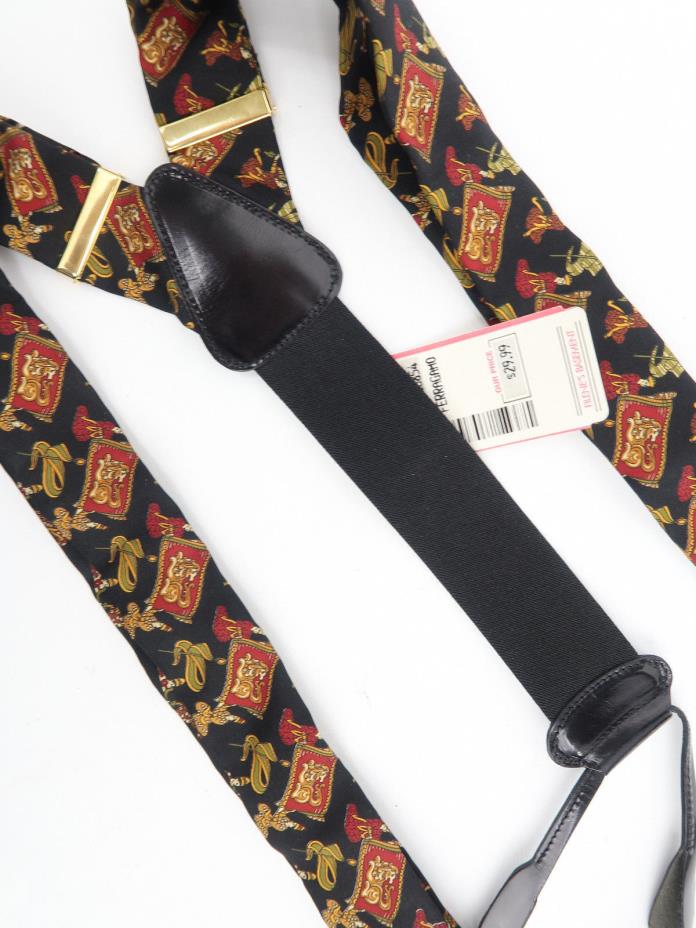 New Salvatore Ferragamo Black Red Man Lion Tapestry Silk Print Braces Suspenders